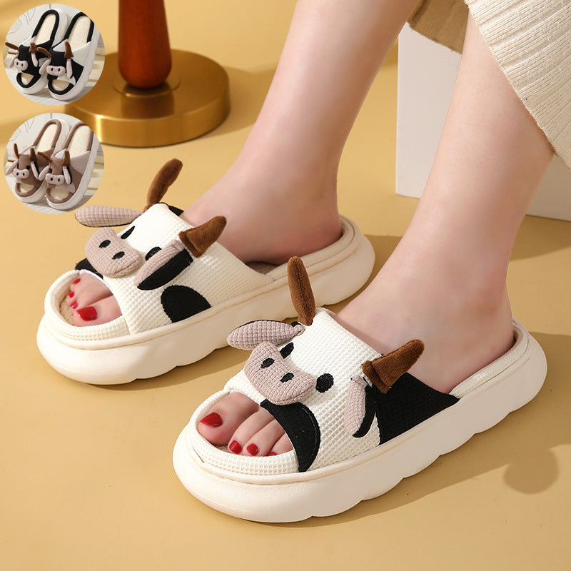 Cute Cartoon Cow Frog Slippers Linen Non-slip Shoes Indoor Women dealsniper-net