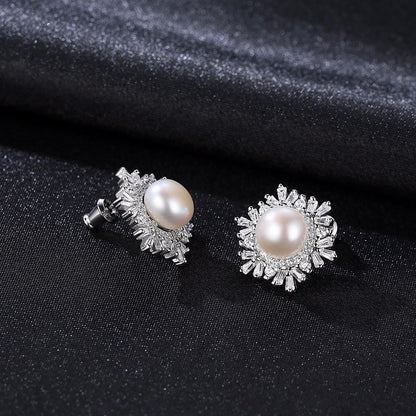 Sterling Silver Snowflake Stud Earrings Korean Gemstone Pearl Earrings Fashion Silver Jewelry dealsniper-net 1 With Box