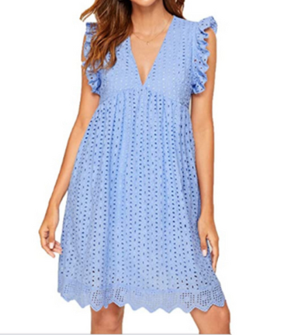 Lace Dresses With Pocket Summer Sleeveless Jacquard Cutout V-Neck Beach Dress Women dealsniper-net Light Blue 2XL