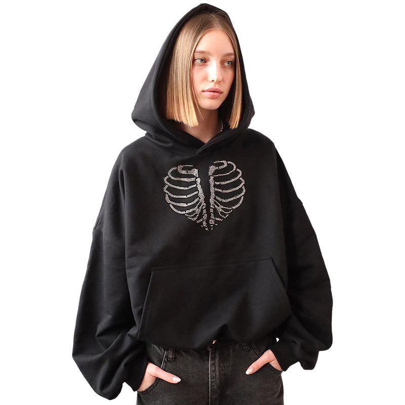 Trendy Skeleton Rhinestone Loose Hooded Sweater Women Gym From House