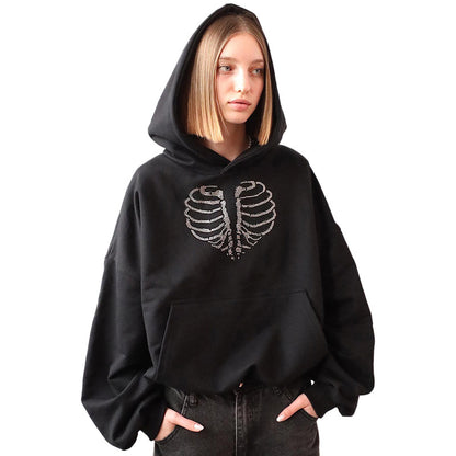 Trendy Skeleton Rhinestone Loose Hooded Sweater Women Gym From House
