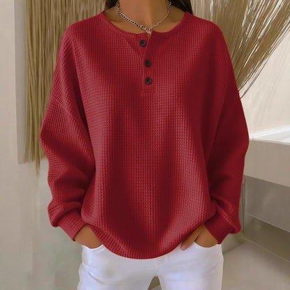 Ins Waffle Long-sleeved T-shirt Fashion Solid Color Buttons Women Gym From House