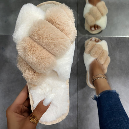 Cross-strap Furry Slippers Home Flat Indoor Floor Bedroom House Shoes Women