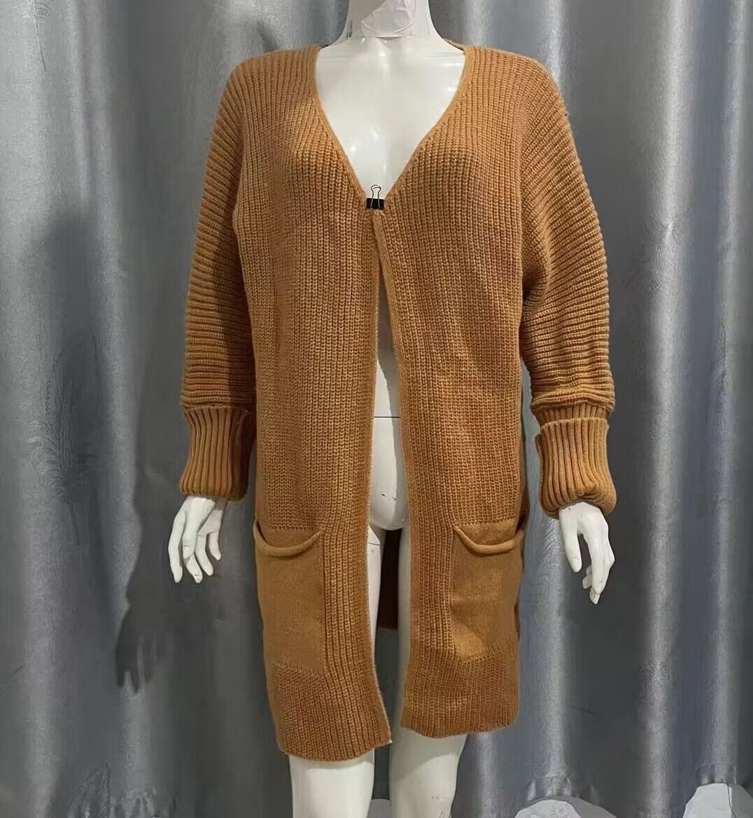 New Solid Color Loose Knitted Sweater Mid-length Coat Women dealsniper-net Brown L