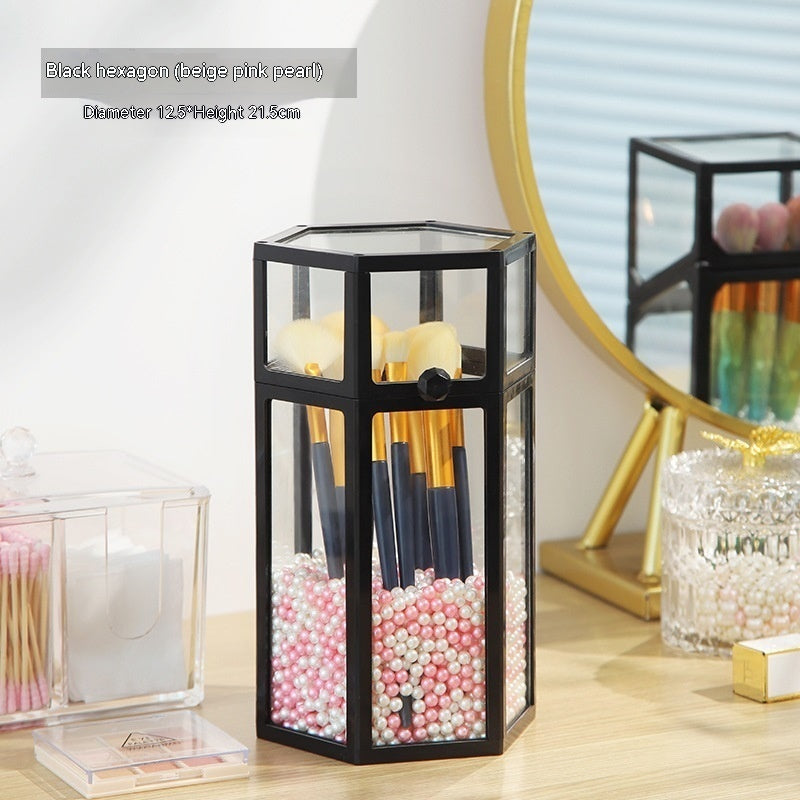 Makeup Brush Glass Storage Container Dustproof Cover Beauty dealsniper-net Black Hexagon Pink White Pearl