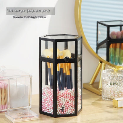 Makeup Brush Glass Storage Container Dustproof Cover Beauty DealSniper.net Black Hexagon Pink White Pearl