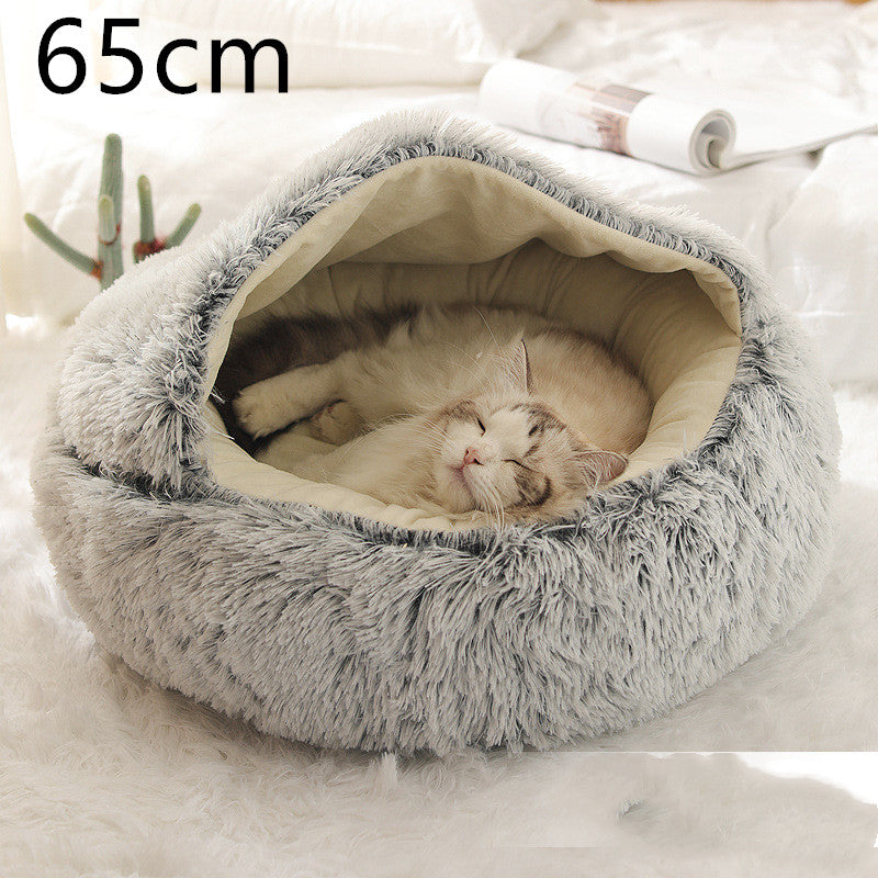 Pet Bed Round Plush Warm Bed House Soft Long Plush Bed 2 In 1 Bed Pets dealsniper-net Grey 65cm