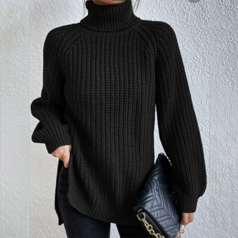 Turtleneck Pullover Sweater With Split Design Fashion Simple