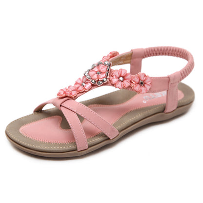 Sandals Women's Bohemian Flowers Rhinestone Flats Beach Shoes Women DealSniper.net Pink Size35