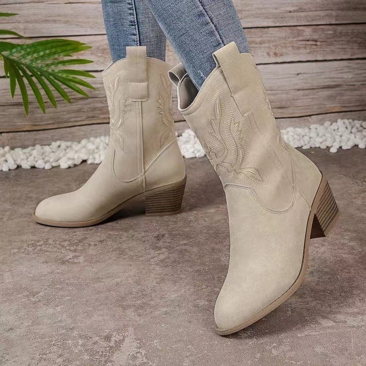 Fashion Chunky-heeled Pointed Toe Boots Winter Ethnic Style Women DealSniper.net White 36