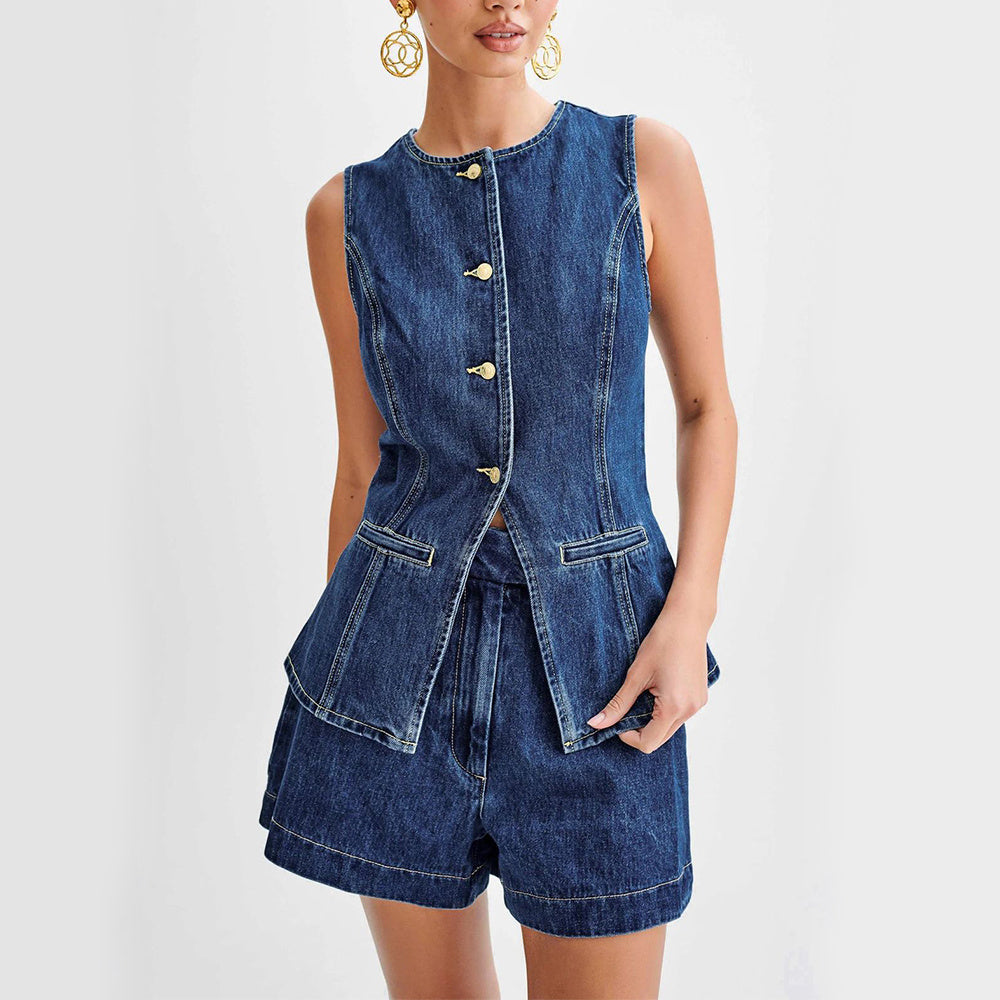 Fashion Denim Suit Summer Casual Sleeveless Button Vest Women dealsniper-net