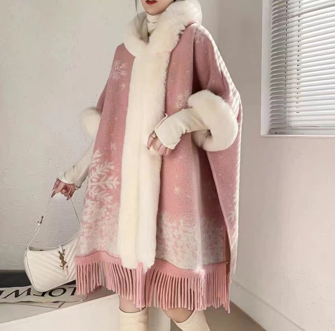 Loose Plaid Plus Cashmere Fur Collar Knitted Inverness Women Gym From House Pink snowflakes with velvet Average Size