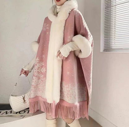 Loose Plaid Plus Cashmere Fur Collar Knitted Inverness Women Gym From House Pink snowflakes with velvet Average Size