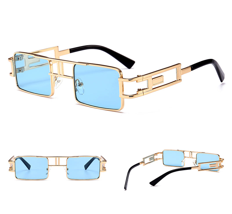 mens rectangular sunglasses steampunk men metal frame gold black red flat top square sun glasses for women 2021 Men DealSniper.net Blue
