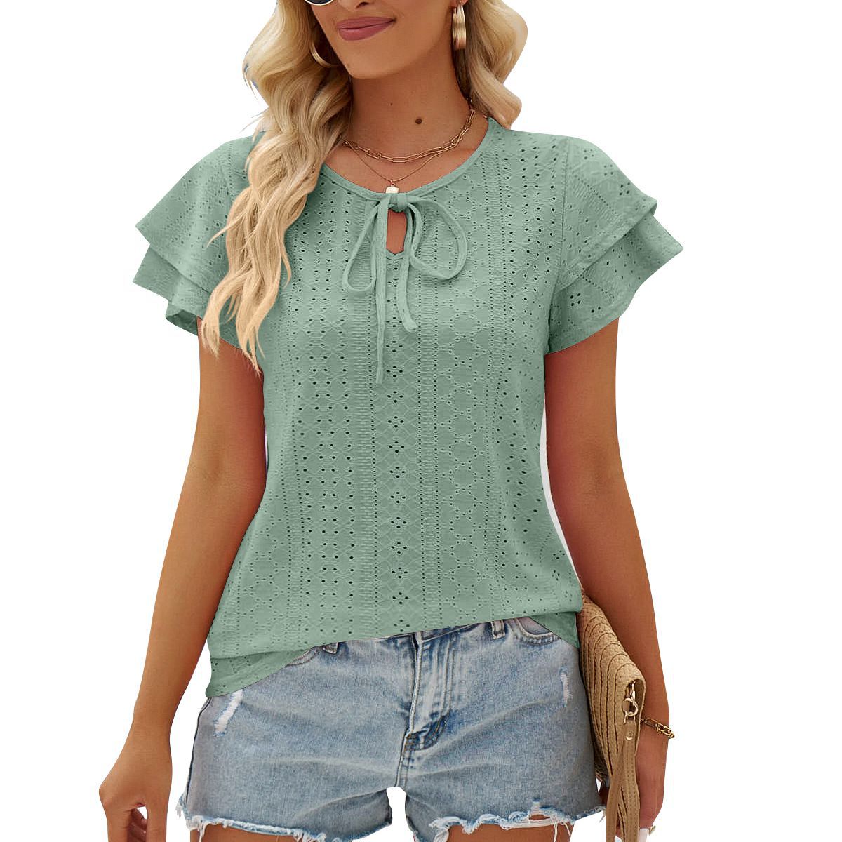 Women's Hole Hollow-out Lace-up Double-layer Sleeve Top Women dealsniper-net Green L