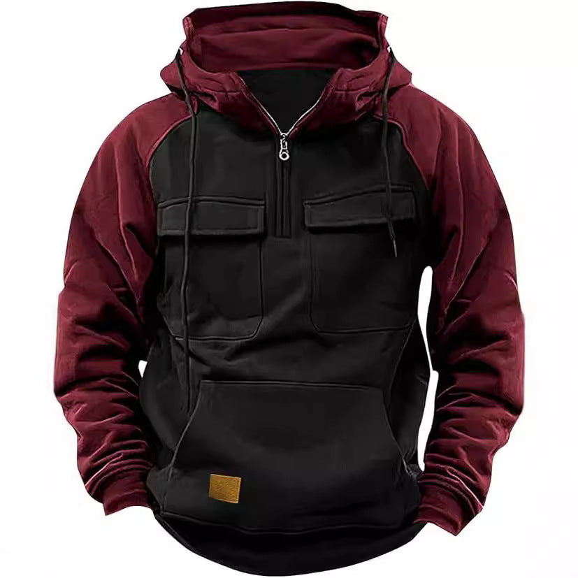 Fall Winter Retro Cargo Hoodies Men's Half Zipper Sweatshirts Men null