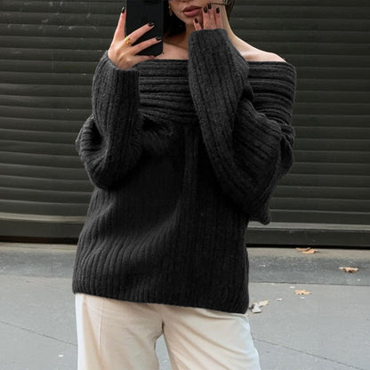 Loose Pullover Trumpet Sleeve Sweater One-shoulder Knitted Tops Women DealSniper.net Black L