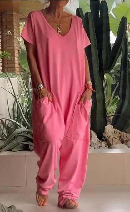 V-neck Oversized Pocket Low-grade Jumpsuit Women DealSniper.net 2XL Pink