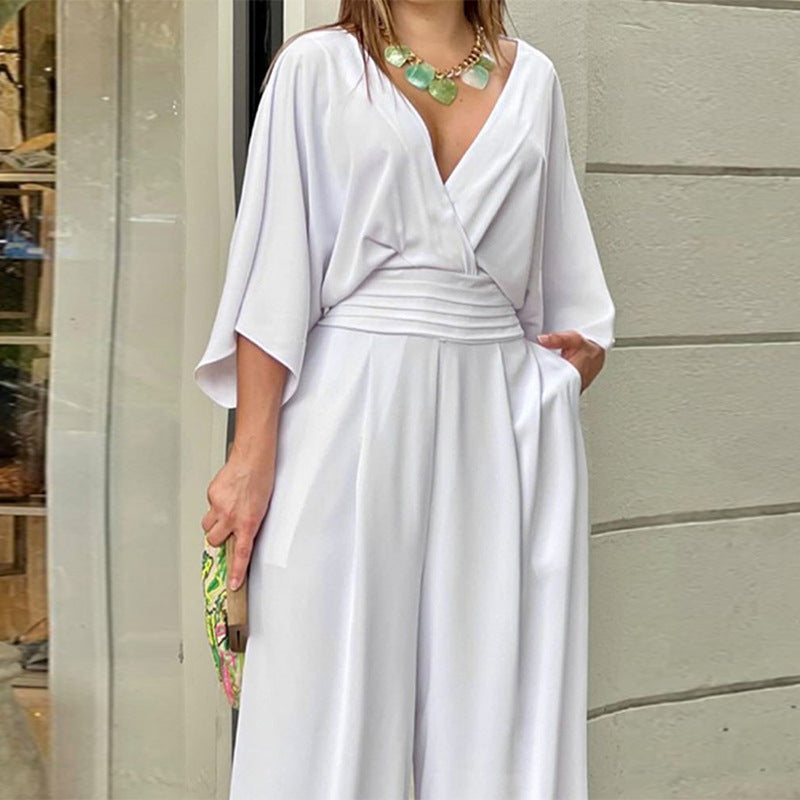 Women's Jumpsuit V-neck Solid Color Summer Trendy Fashion Women Gym From House