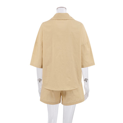 New Cotton And Linen Shirt Pajamas 34 Sleeve Outer Shorts Suit Women dealsniper-net