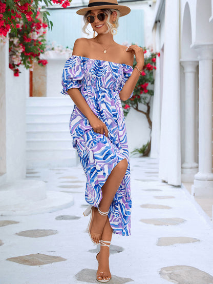 Women's Off-shoulder Smocking Printed Dress Women dealsniper-net