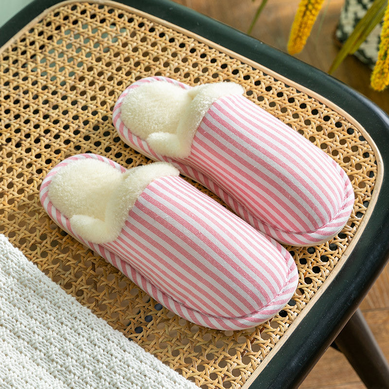 Fashion Striped Printed Slippers For Women Autumn And Winter Warm Non-slip Thick Sole House Shoes Men's Indoor Plush Shoes Women DealSniper.net Pink 36to37