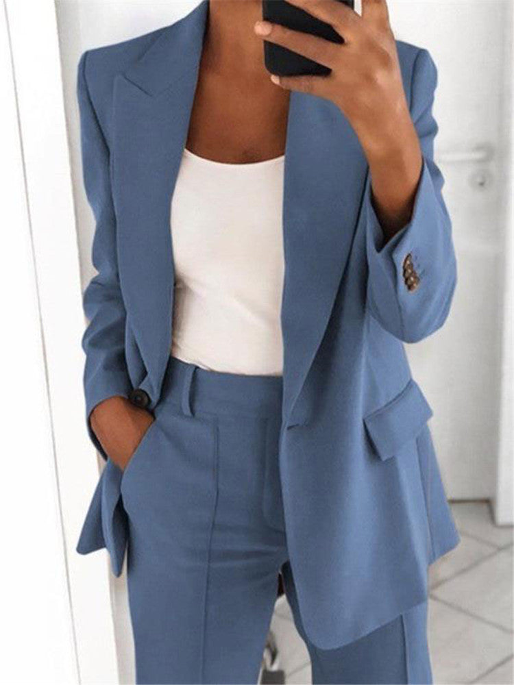 Ins Button Casual Suit Fashion Long-sleeved Lapel Blazer Jacket Women Gym From House Blue 4XL