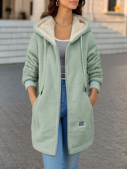 Winter Fleece Hooded Jacket Fashion Casual Zip-up Pockets Women null Green 2XL
