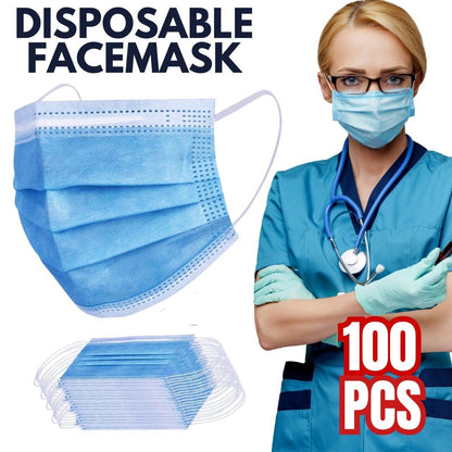 100 PC Face Mask Non Medical Surgical Disposable 3Ply Earloop Mouth Cover - Blue