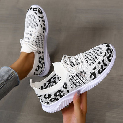 White Shoes Women Leopard Print Lace-up Sneakers Sports