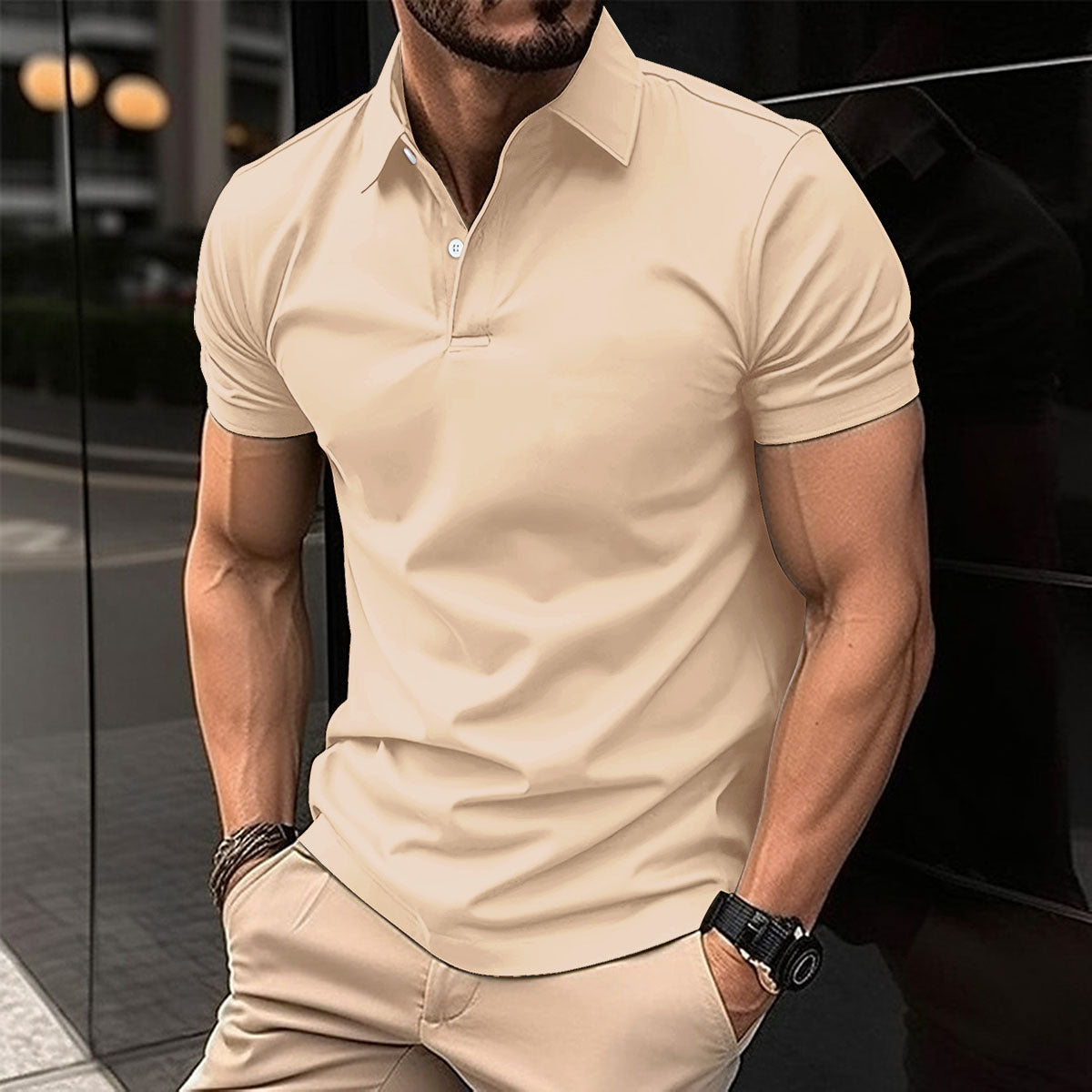 Summer Short Sleeve Polo Shirt Men Solid Color Men dealsniper-net Khaki 2XL