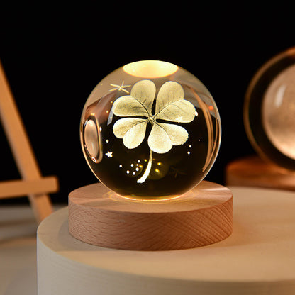 LED Night Light Galaxy Crystal Ball Table Lamp 3D House dealsniper-net Solid Wood Seat Clover 6CM USB