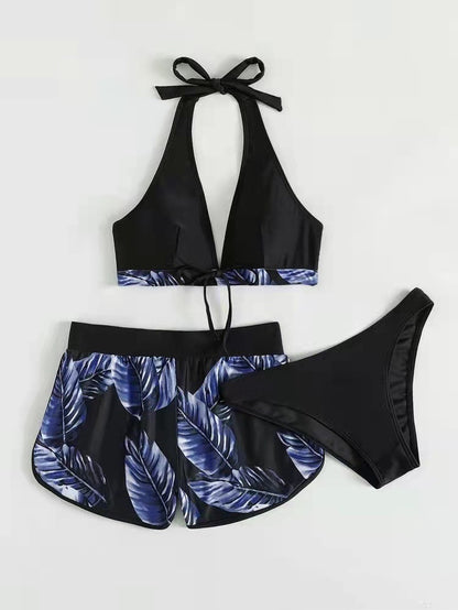 3pcs Leaf Print Bikini With Shorts Fashion Summer Beach Swimsuit Womens Clothing Women dealsniper-net Purple L