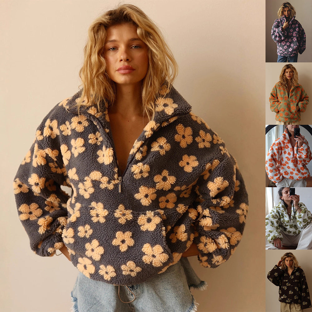 Winter Flowers Lambskin Sweatshirt With Big Pocket Women null