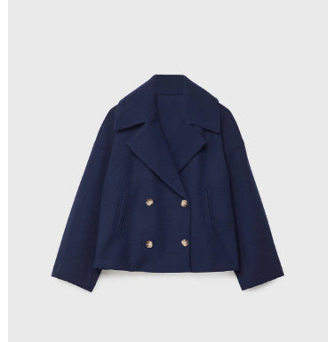 Ins Double-breasted Lapel Blazer Jacket Fashion Loose Woolen Women null Navy Blue 2XL