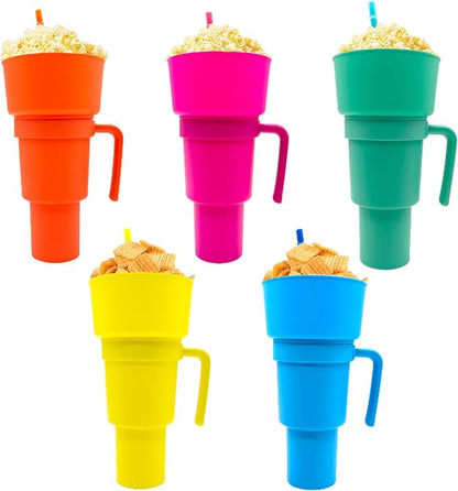 5 Pcs Stadium Tumbler With Snack Bowl, 2 In 1 Travel Cup With Snack Bowl, Cup Snack With Bowl On Top And Straw, Leak Proof Snack Cup And Bowl Combo 32oz Blue, Orange, Pink, Green, Yellow Kitchen dealsniper-net 5Colors