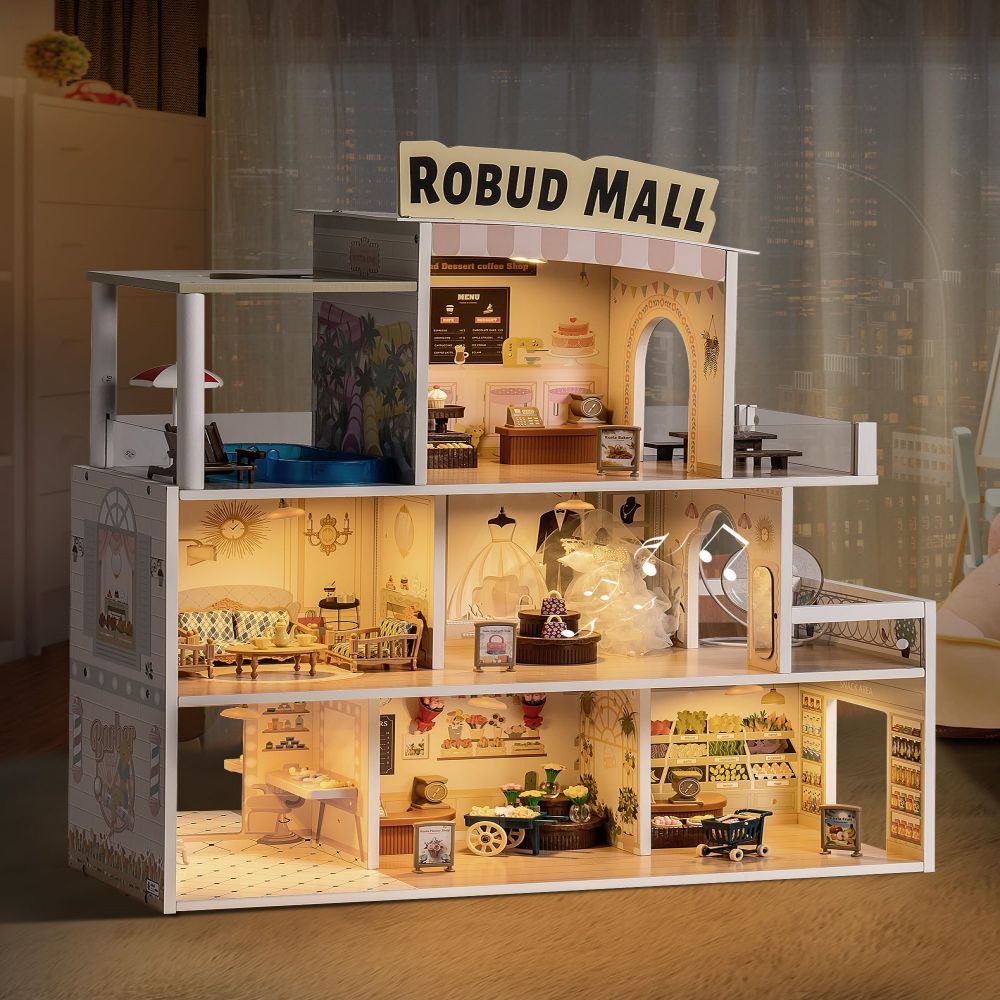 Wood Dollhouse Shopping Mall Doll House With Lights Music