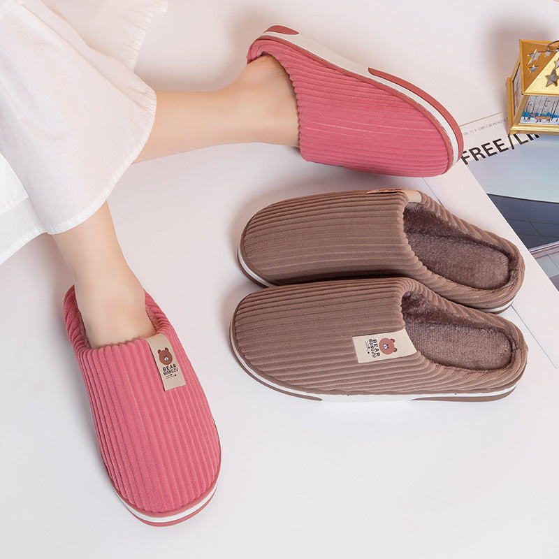 Solid Color Striped Slippers For Women Thick-soled Anti-slip Indoor Warm Plush Home Shoes Couple Women Men Slipper Winter Women dealsniper-net