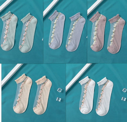 Women's Thin Spun Glass Lace Crystal Boat Socks Women DealSniper.net 5pairs Free Size