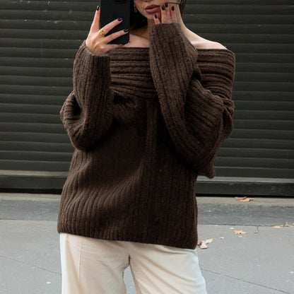 Loose Pullover Trumpet Sleeve Sweater One-shoulder Knitted Tops Women DealSniper.net Brown L