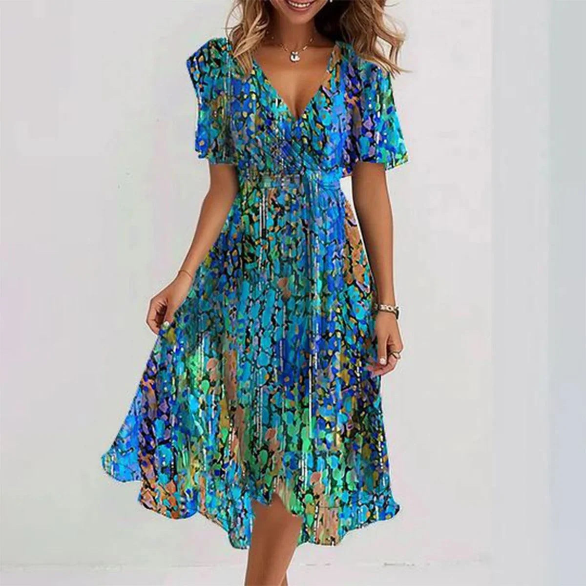 Chiffon Printed Short Sleeve Dress Summer Elegant V-neck Women dealsniper-net Blue L