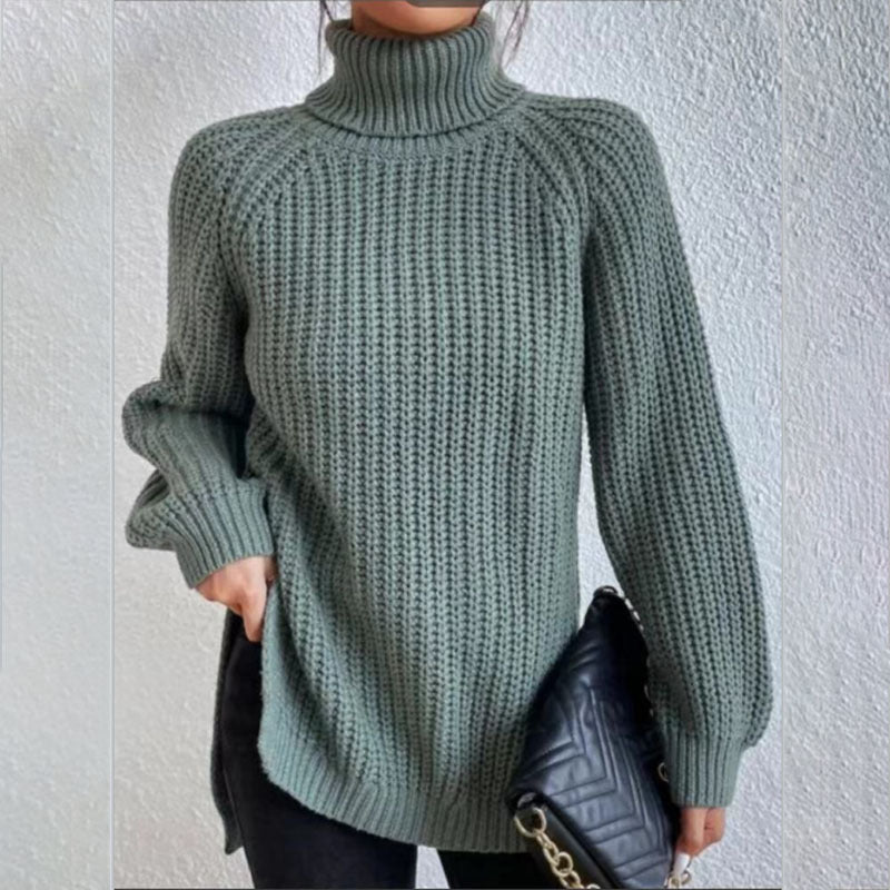 Turtleneck Pullover Sweater With Split Design Fashion Simple