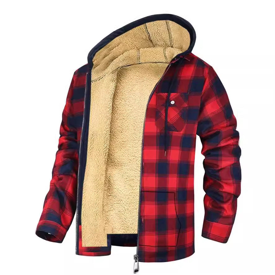 Men's Plaid Print Hooded Zip-Up Jacket Winter Coat Clothing