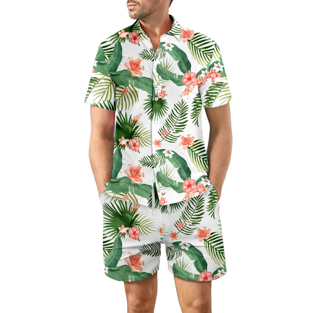 2Pcs Printed Beach Shirt Summer Suit Loose Lapel Button Men DealSniper.net DCS07DXCS5 2XL