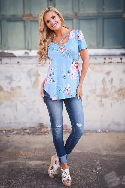 Flower Print Cross Front Short Back Long T-shirt Women dealsniper-net Light Blue 2XL