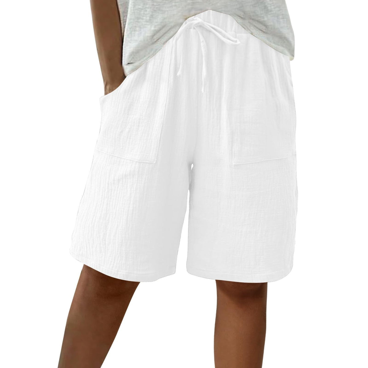Linen Cotton Shorts, Solid Color Casual Shorts Tie Detail Shorts Women DealSniper.net