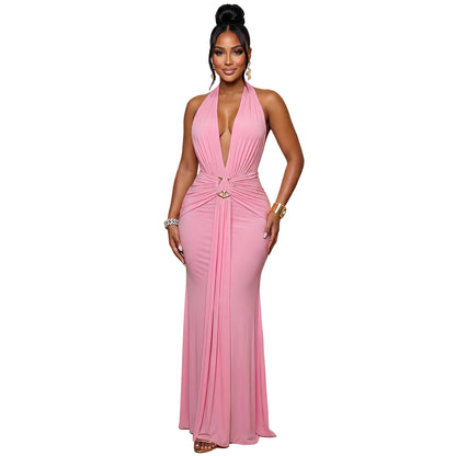 New Women's Halter Deep V Ruffled Mermaid Evening Party Dress Women Gym From House Pink L