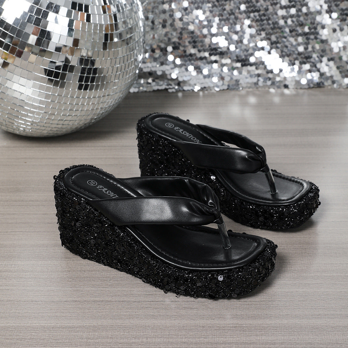 High Heels Wedge Sandals With Sequins Shiny Height Increasing Women Gym From House Black 35