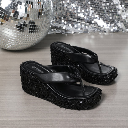 High Heels Wedge Sandals With Sequins Shiny Height Increasing Women Gym From House Black 35