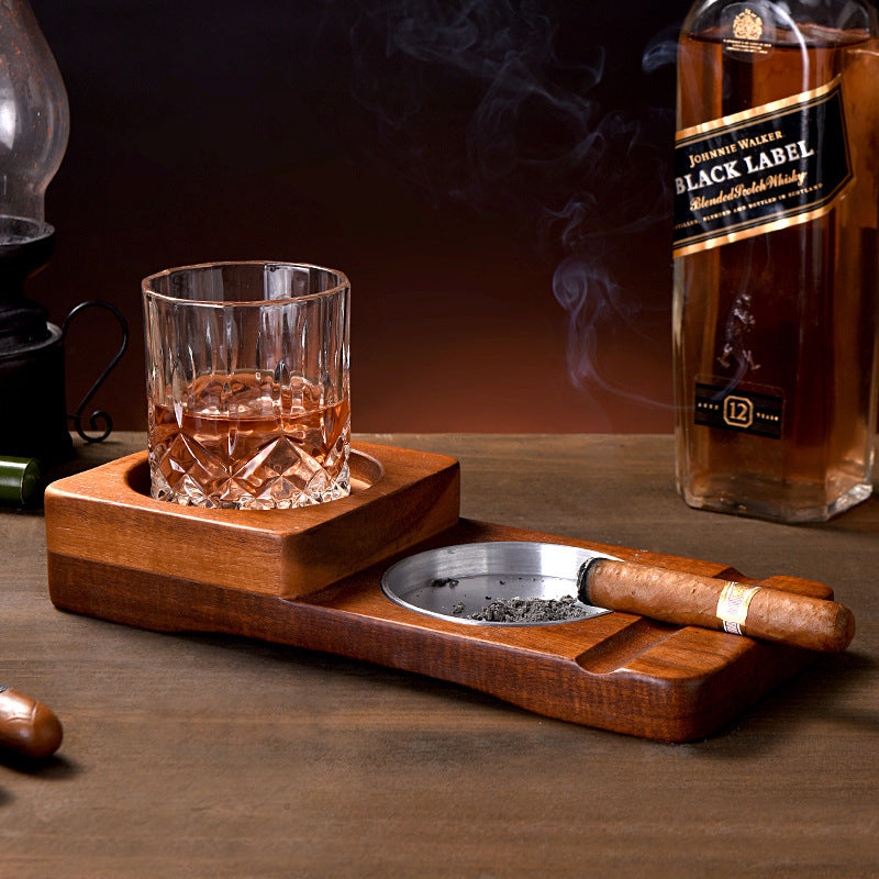 2 In 1 Wooden Ashtray Rustic Wood Whiskey Glass Cup Tray House DealSniper.net